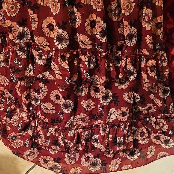 Rare Editions Floral Burgundy & Pink Ruffle Tier Lined Dress Size Large - Picture 2 of 10